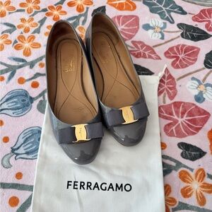 Salvatore Ferragamo Charcoal Patent Leather Flats with Bow
